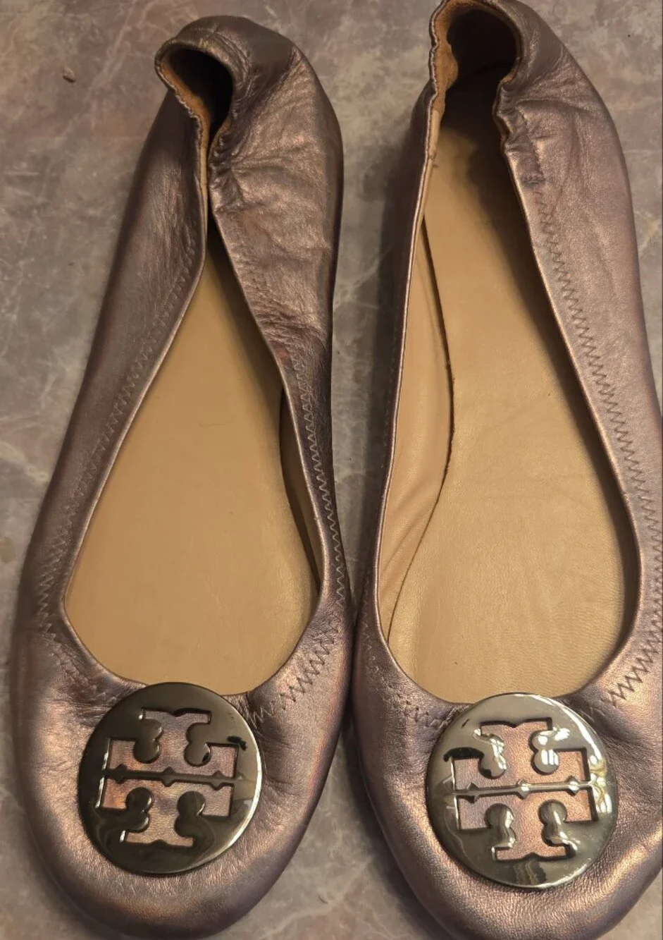 Tory Burch Metallic Bronze Leather Logo Ballet Flats